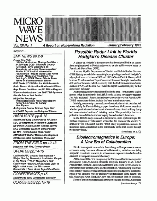 Microwave News January/February 1992 cover